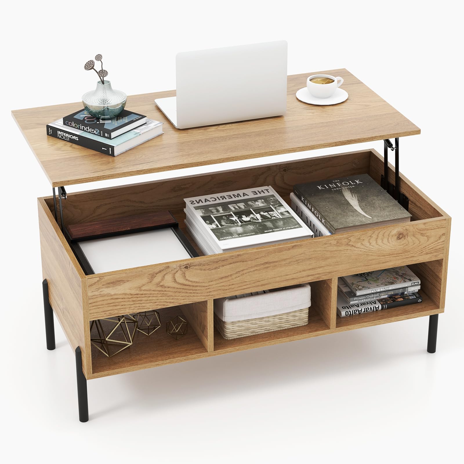 Tangkula Lift Top Coffee Table with Metal Legs, Rising Center Table w/Hidden Compartment & 3 Open Cubbies